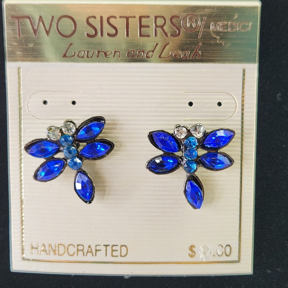 VTG- Two Sisters, Dragonfly Earrings, Blue & Clear Rhinestones